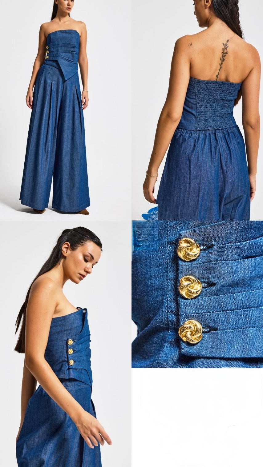 Strapless Denim Wide-Leg Set