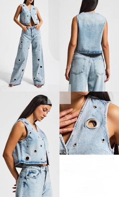 Light Wash Grommet Denim Set