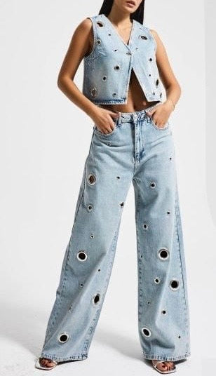 Light Wash Grommet Denim Set