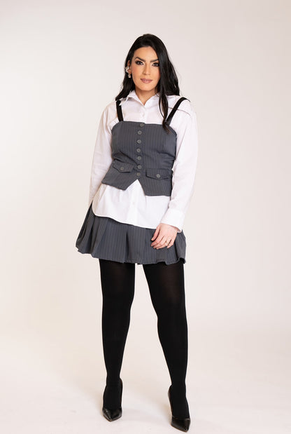 Grey Pinstripe Pleated Set