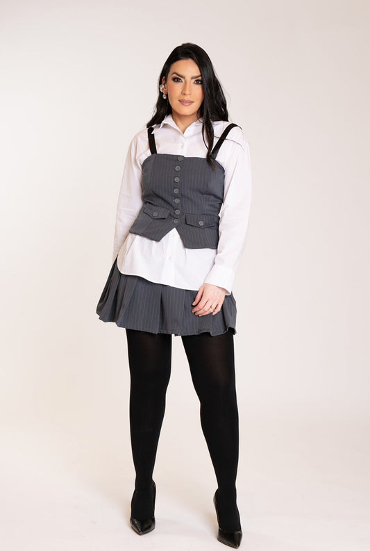 Grey Pinstripe Pleated Set
