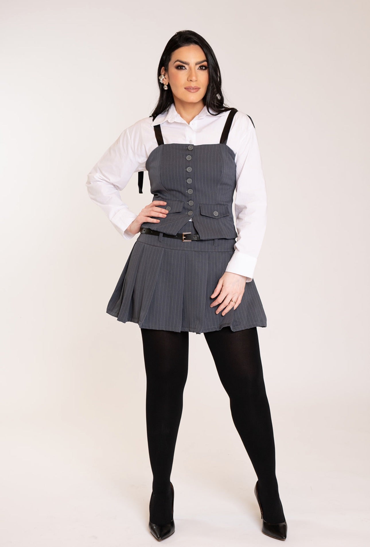 Grey Pinstripe Pleated Set