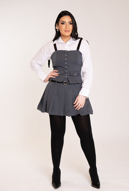 Grey Pinstripe Pleated Set
