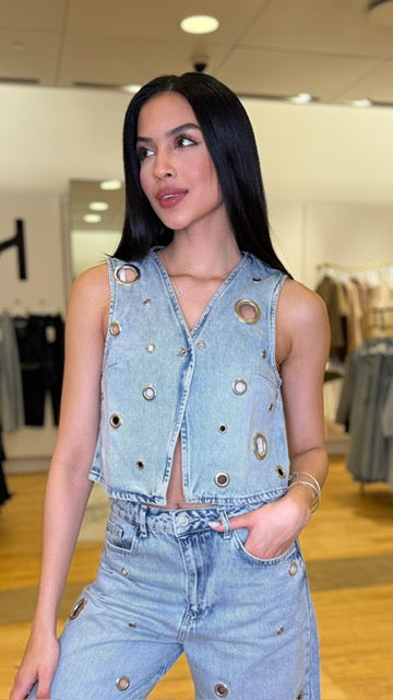 Light Wash Grommet Denim Set